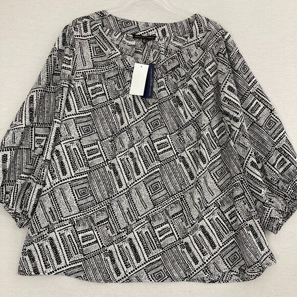 New Adrienne Vittadini Black White Geometric Abstract Artsy Popover Blouse 2X - Picture 1 of 12